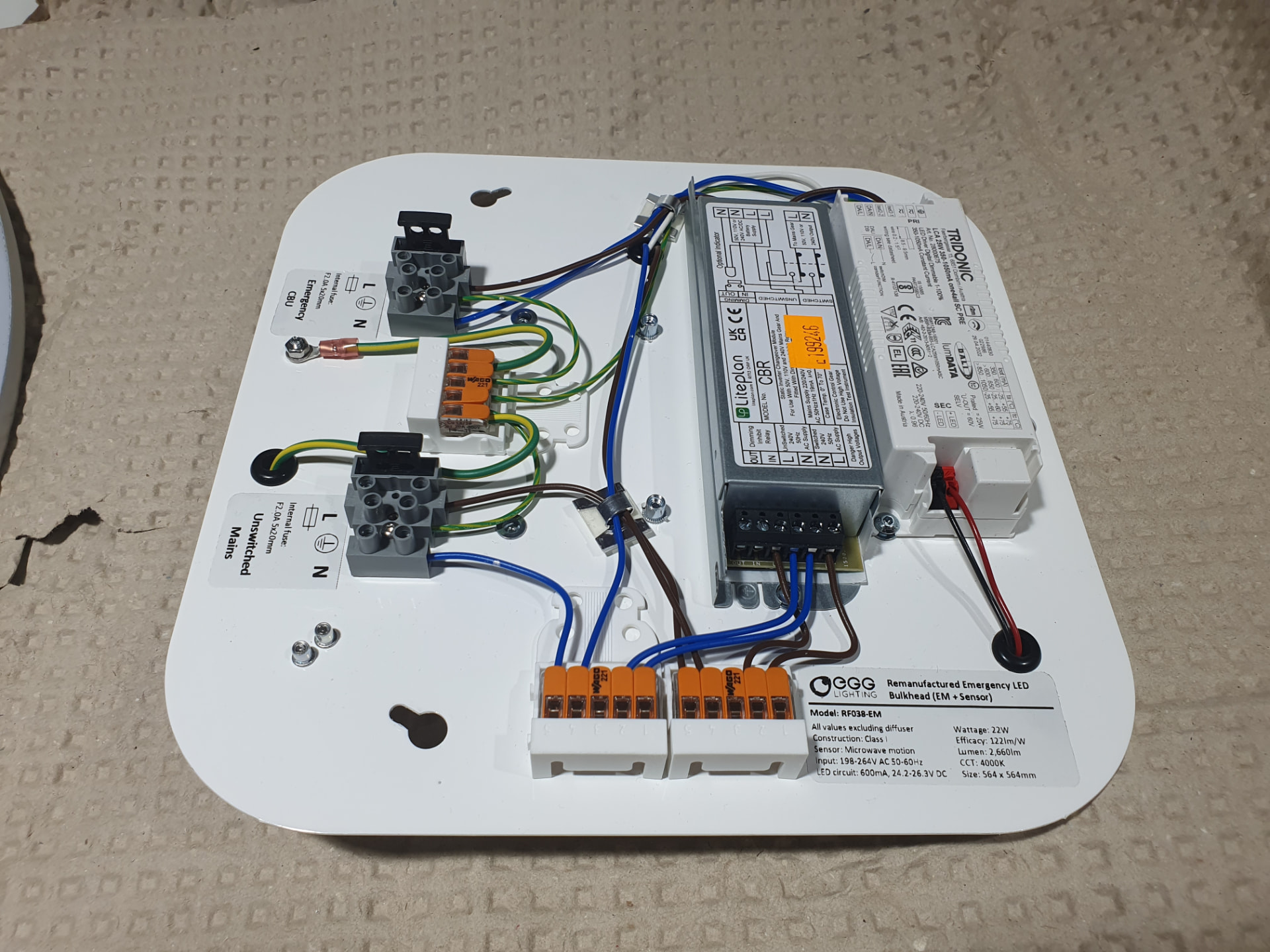 Interior gear tray of a remanufactured emergency LED bulkhead