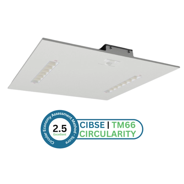 DfR LED ceiling panel with CIBSE TM66 circularity score badge